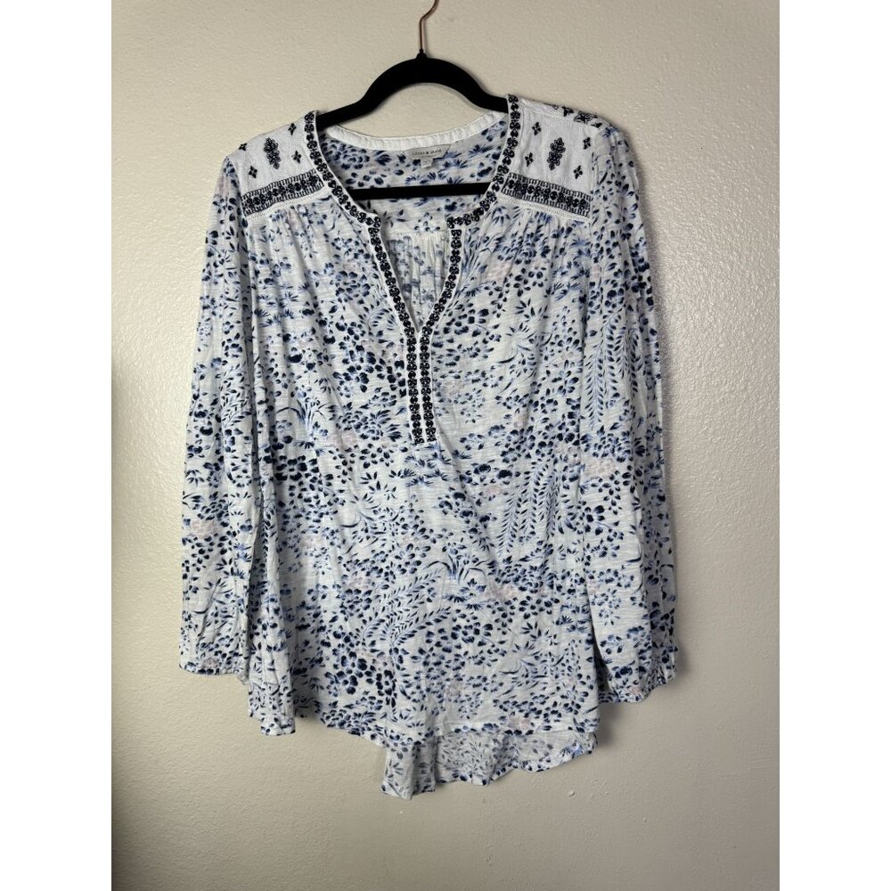 Lucky Brand Women's Blue White Floral Tunic Top Plus Size 2X Peasant Boho Long S